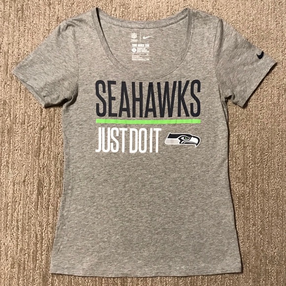 Nike Women’s Seattle Seahawks Just Do It T-Shirt In Heather Grey, Size Small - Picture 1 of 10